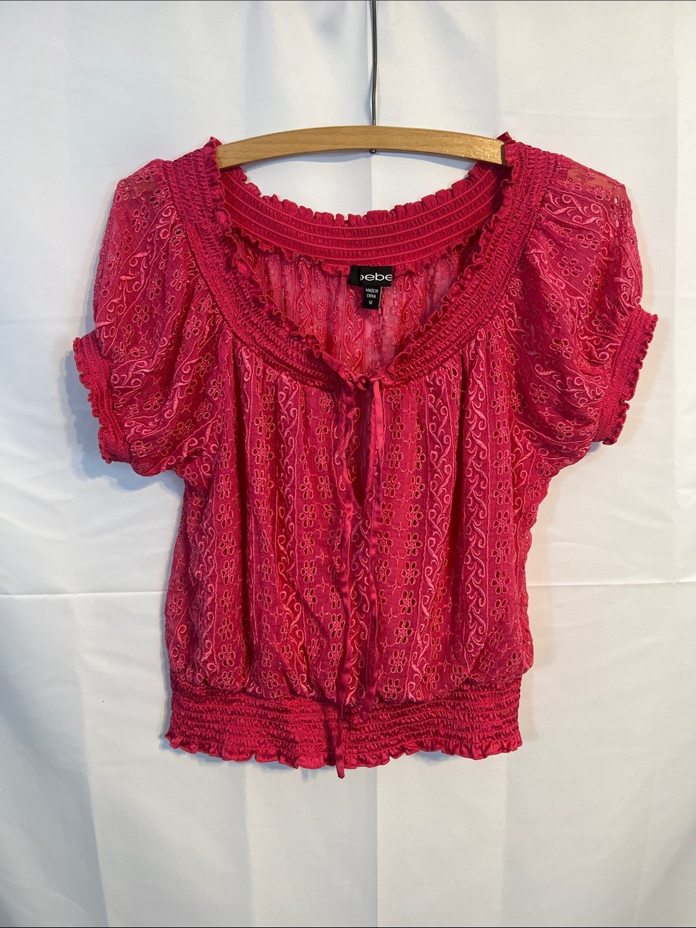 Vintage Y2K bebe Hot Pink Eyelet Peasant Top
